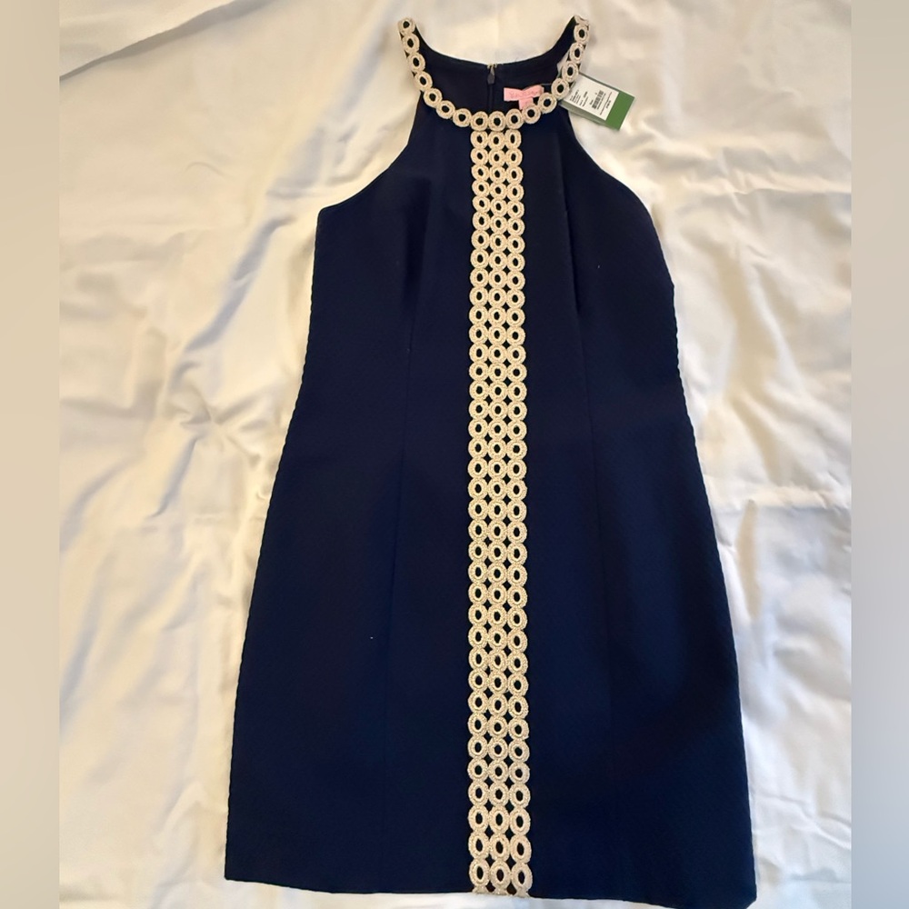 Lilly Pulitzer NWT  Navy Sasha Shift Dress Size 2 Beautiful Gold Crochet